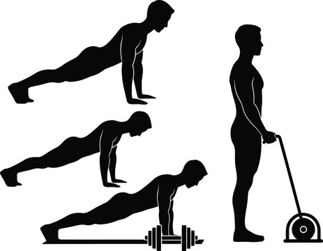 Fitness Exercise Silhouettes of Man Performing Plank Push Up and Weight Training Workout