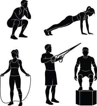 Black Fitness Exercise Silhouettes Set with Squat, Push Up, Resistance Band Training and Plyometric Workout