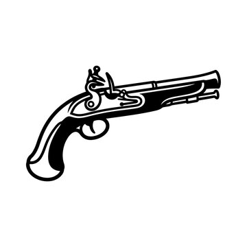 Vintage Flintlock Pistol Black and White Silhouette Vector Icon Isolated on White Background