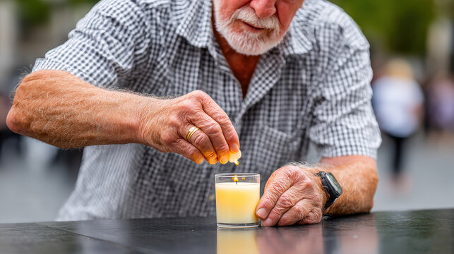 Elderly man lighting a remembrance candle with both hands for memorial vigil moment and tribute background scene
