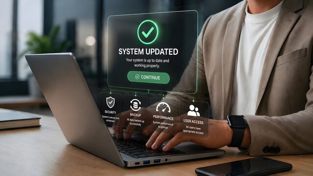 Businessman using laptop with virtual system updated interface showing successful software upgrade and secure data backup
