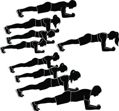 Silhouette of people in push-up exercise positions isolated on white background