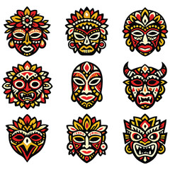 Fototapeta premium Ethnic Tribal Mask Ornamental Vector Set Tribal Face Motifs with Floral Geometric Patterns, Bold High-Contrast Isolated Clipart, Clean Flat Design System, Abstract Cultural Icons