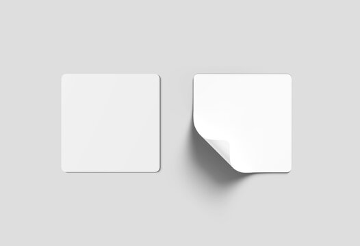 Blank squared stickers isolated on white. Square labels mockup. 3D rendering