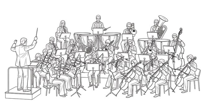 Symphony orchestra and conductor performing classical music