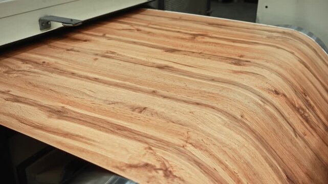 Inspection Of Cooling Laminate On Wide Wooden Textured Sheet Conveyor As Flexible Plastic Moves Smoothly