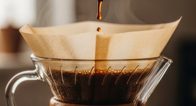 Close-up of hot coffee dripping through a paper filter into a glass carafe.