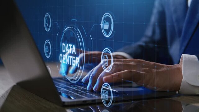 Businessman managing data center with digital interface