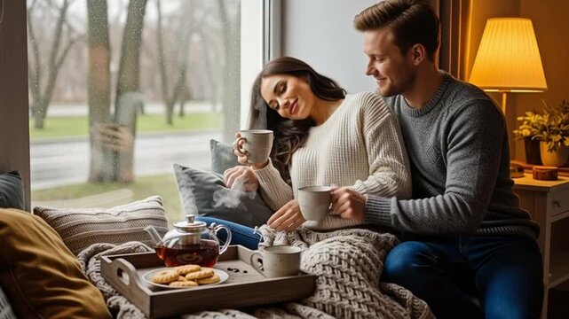 Cozy Couple Enjoying Tea by the Window on a Relaxing Day.