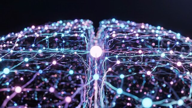 Futuristic digital neural network with glowing nodes and connections in vibrant blue and purple colors