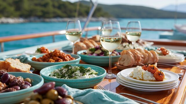 Elegant yacht dining experience with Mediterranean meze and white wine