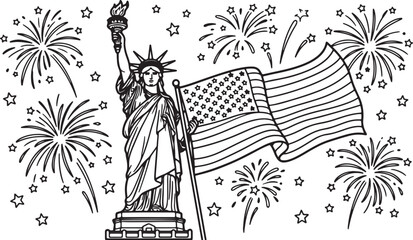 Statue of liberty with fireworks line art illustration © Nayan