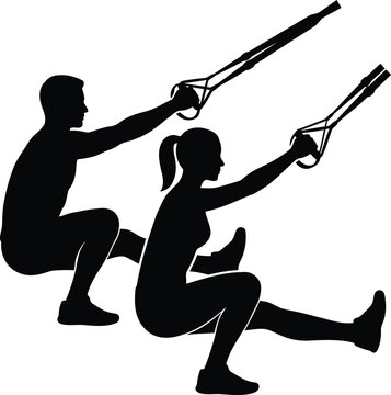 Suspension training silhouettes performing TRX squat exercise isolated on white background