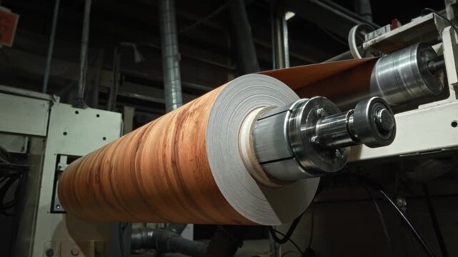Wood Textured Film Rolled On Massive Spools Beneath Industrial Rafters With Safety Checks Conducted