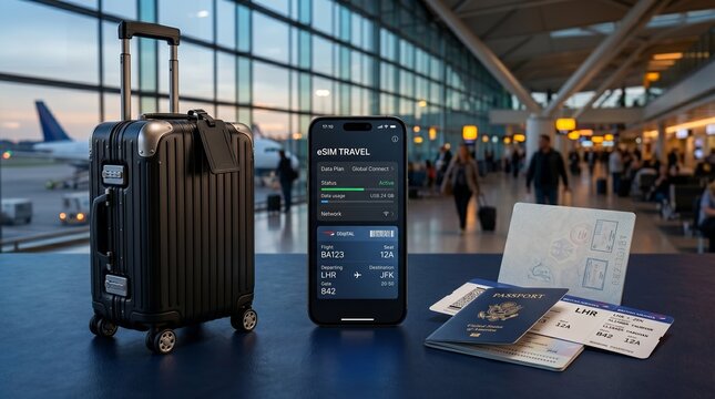 Modern Travel Technology And eSIM Airport Concept