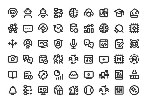 AI agents and artificial intelligence line icon set. Minimalist vector symbols for machine learning, neural networks, automation, robotics, and smart technology.