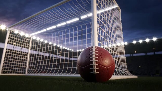 Professional football stadium at night, leather soccer ball near goal post under bright arena lights, competitive sports tournament atmosphere