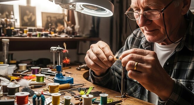 older gentleman with glasses meticulously ties a fishing fly at a cluttered workbench, illuminated by a task lamp.