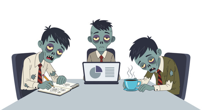 Tired zombie cartoon office employees working late at a desk