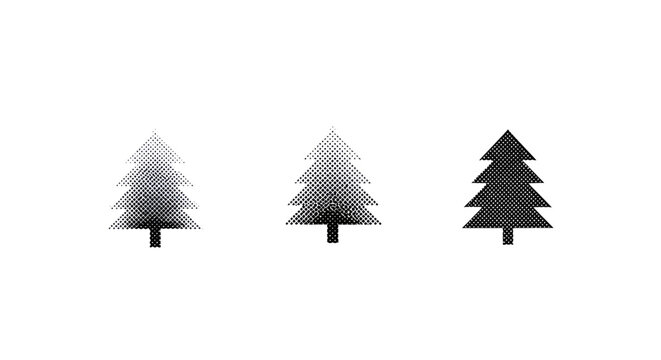 Three stylized evergreen trees in varying opacity styles.