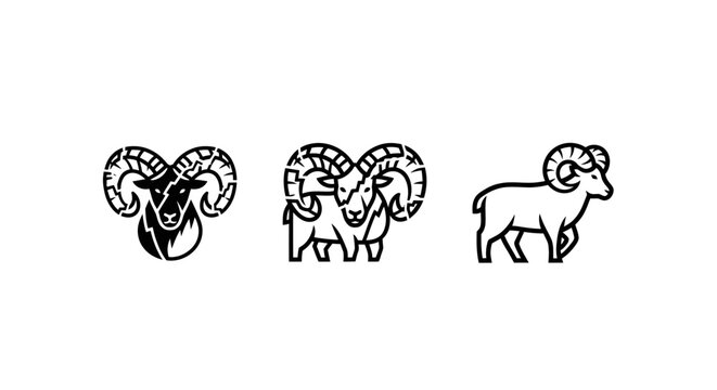 Detailed Black And White Ram Head Illustrations Set.