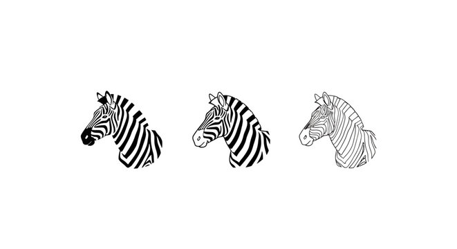 Three Unique Black and White Zebra Head Illustrations.