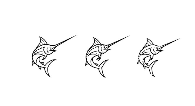 Illustration of Three Stylized Swordfish in Black and White.