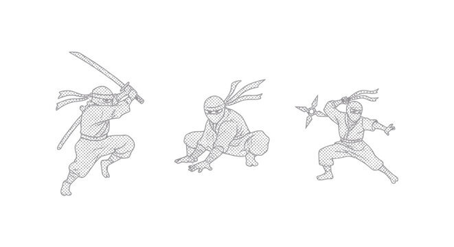 Dynamic Ninja Characters in Various Action Poses Sketch.
