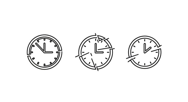 Three minimalist clock icons with different hand movements.