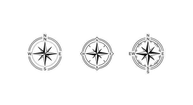 Three Classic Compass Rose Icons in Monochrome Design.