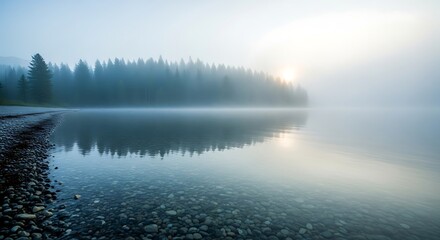 Fototapeta premium Misty lake at dawn with pine forest reflection and pebble shore