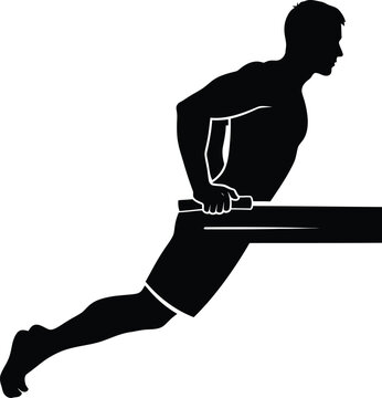 Black Silhouette of Man Doing Dips Exercise on Parallel Bars for Fitness and Strength Training