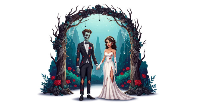 Spooky zombie cartoon wedding couple under dark floral arch