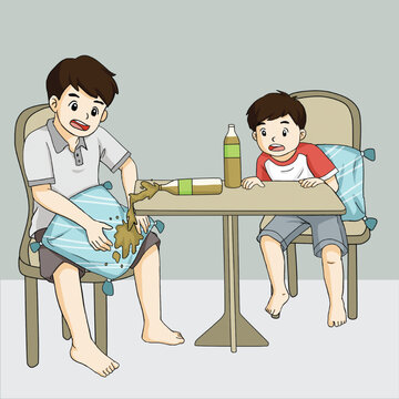 Spilled drink on cushion vector illustration, cartoon boy spilling soda bottle on table clipart