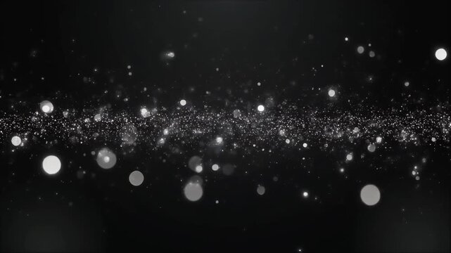 Luxury silver particles floating in dark cinematic atmosphere, glowing dust and sparkling light trails, premium abstract background, elegant motion design, metallic reflections, high end branding 