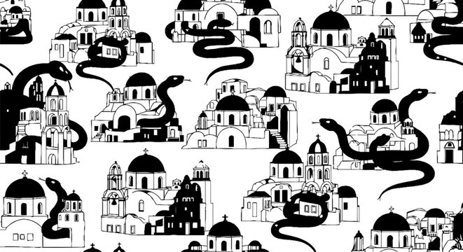 Intricate black and white architecture with serpentine patterns.