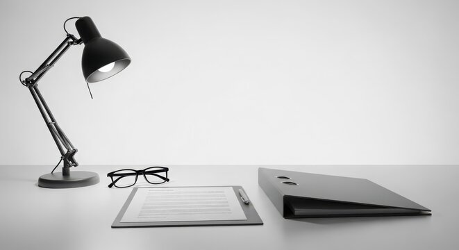 Minimalist office desk setup with a lamp, glasses, document, and binder