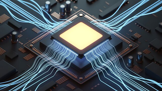 Central computer chip with glowing data streams