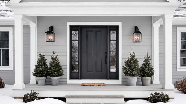Elegant dark gray front door with sidelights and potted evergreen trees in winter snow