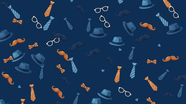Father&rsquo;s Day Seamless Pattern Background Animation with Mustache, Hat, Tie and Glasses Elements
