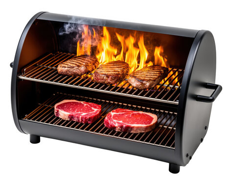 Black charcoal grill with raw and grilled steaks on fire isolated as PNG isolated on transparent background
