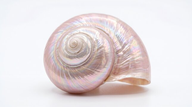 Iridescent natural seashell isolated on white background, elegant marine shell macro close-up with soft pastel tones
