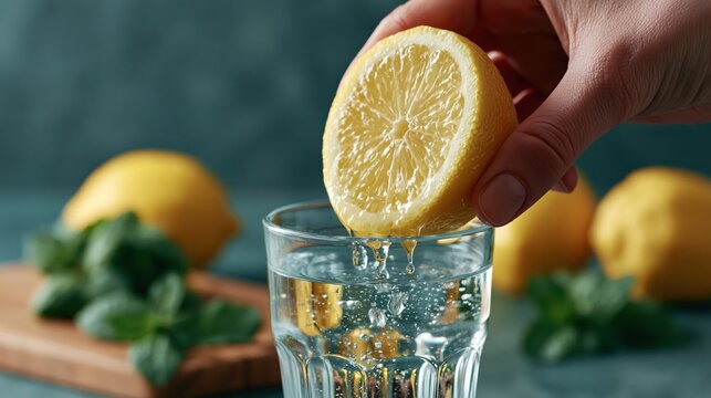Hand squeezing fresh lemon slice into a clear glass of water with mint leaves