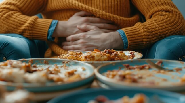 Person holding stomach after eating too much food, feeling discomfort and indigestion