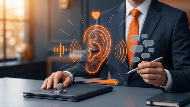 Businessman presenting active listening concept with holographic ear sound waves and chat bubbles showing customer feedback empathy communication understanding attention and support service