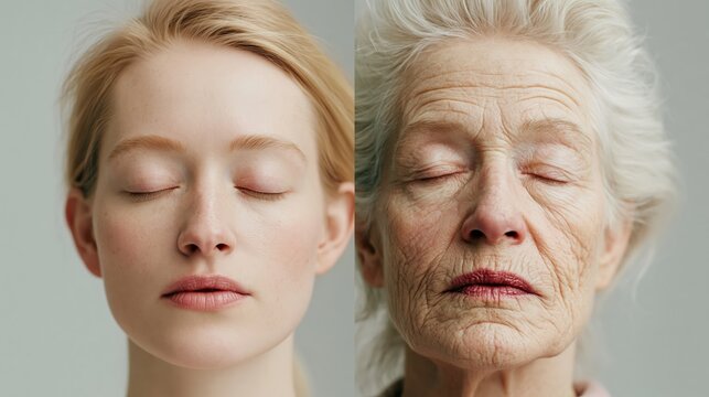 Split image showing a young woman's face contrasted with an elderly woman's face