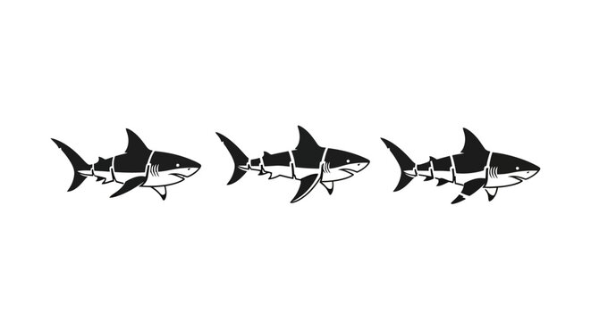 Three stylized black and white sharks swimming in sequence.