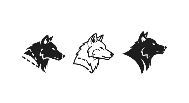 Three stylized wolf head illustrations in black and white.