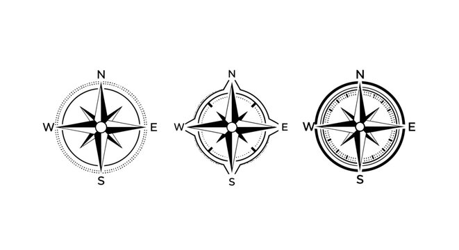 Three Classic Compass Rose Illustrations in Monochrome Style.