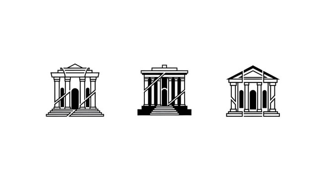 Three classical architectural building icons in black and white.